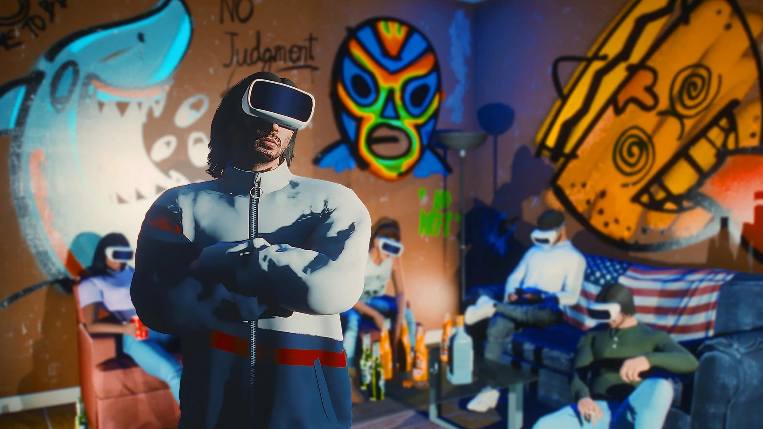 Players relaxing in a VR lounge